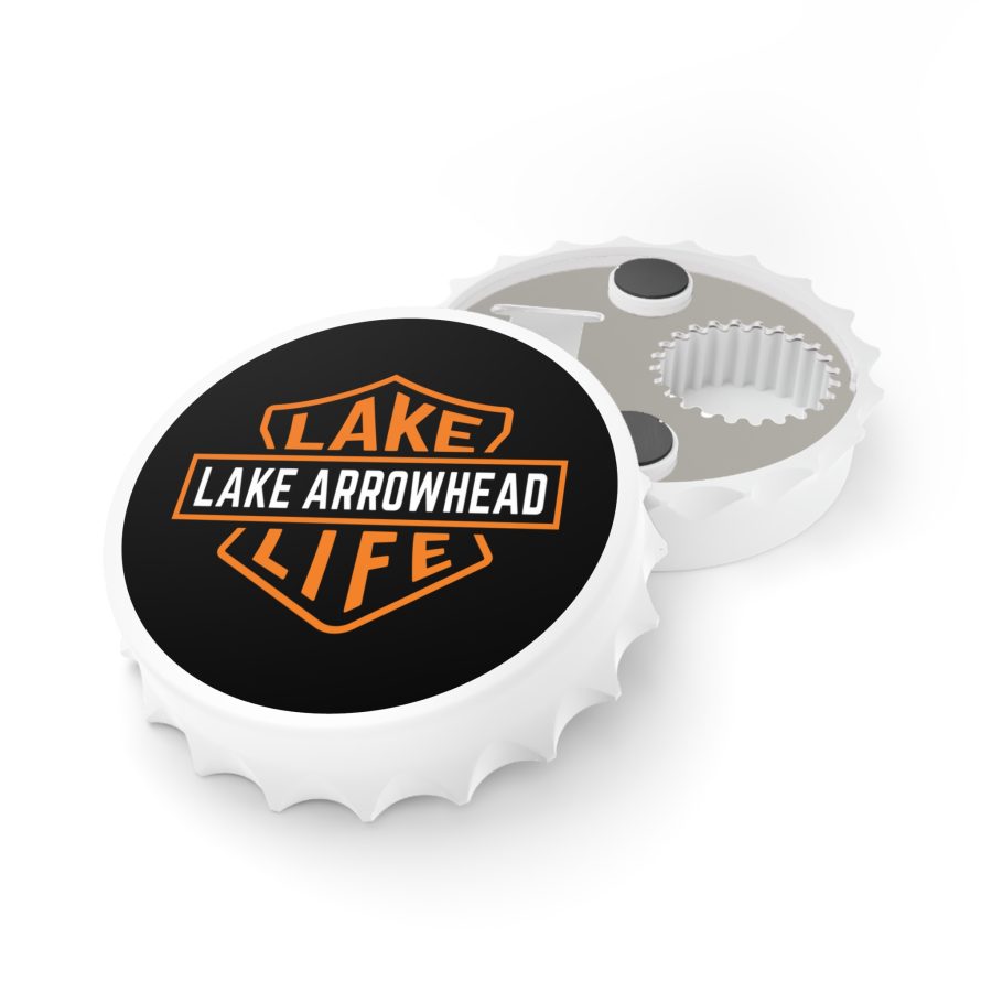 lake arrowhead bottle opener refrigerator magnet with our signature lake life shield