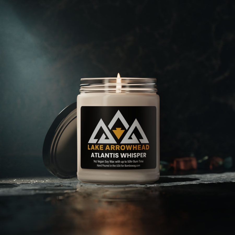 lake arrowhead candle with our black gold three peak arrowhead label art 9 oz blended soy wax