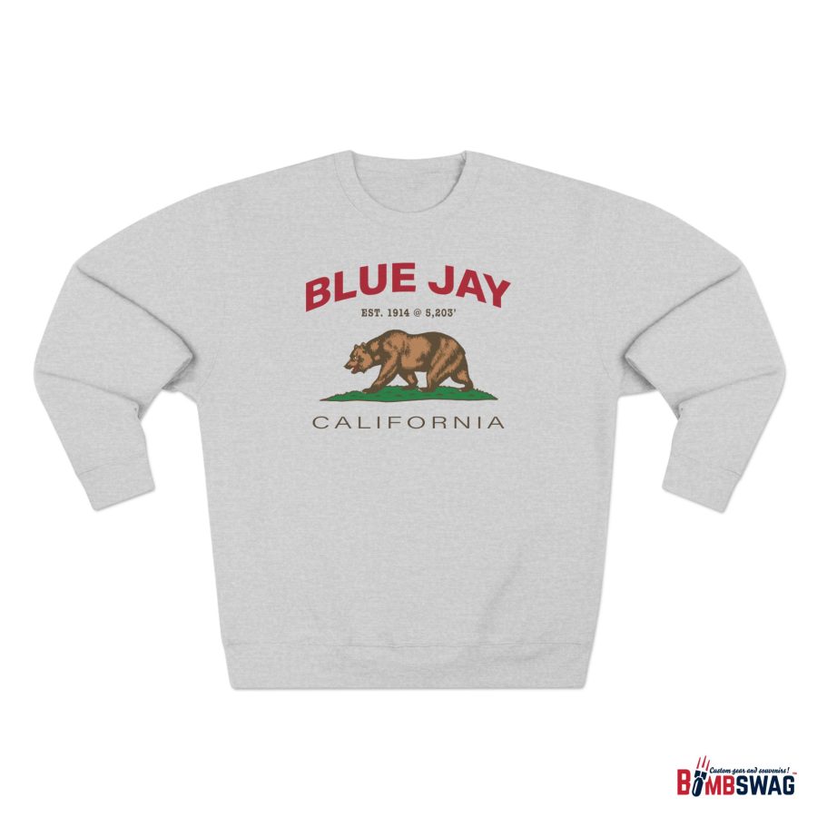 blue jay, ca premium california bear crewneck sweatshirt with est. date + elevation