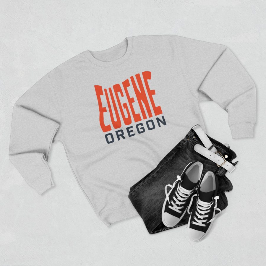 eugene premium crewneck sweatshirt with custom state shaped typeface