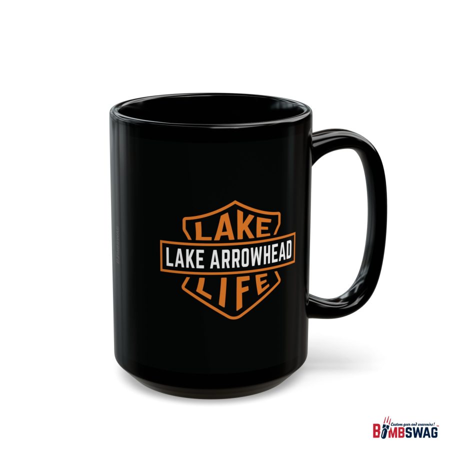 lake arrowhead black coffee mug with our signature lake life shield