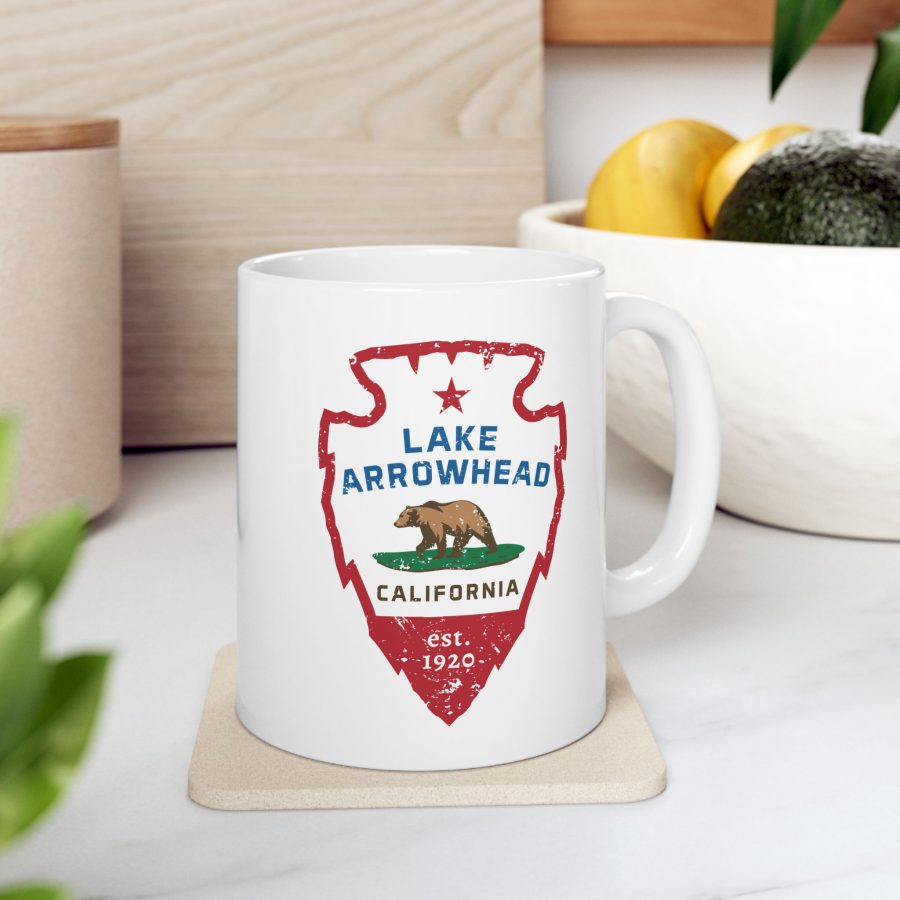 lake arrowhead coffee mug with our signature arrowhead in the style of the california state flag