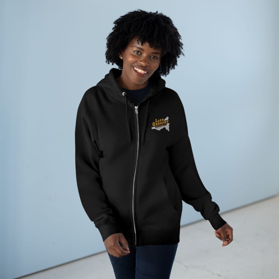 lake gregory zip hoodie with our black gold lake established date design