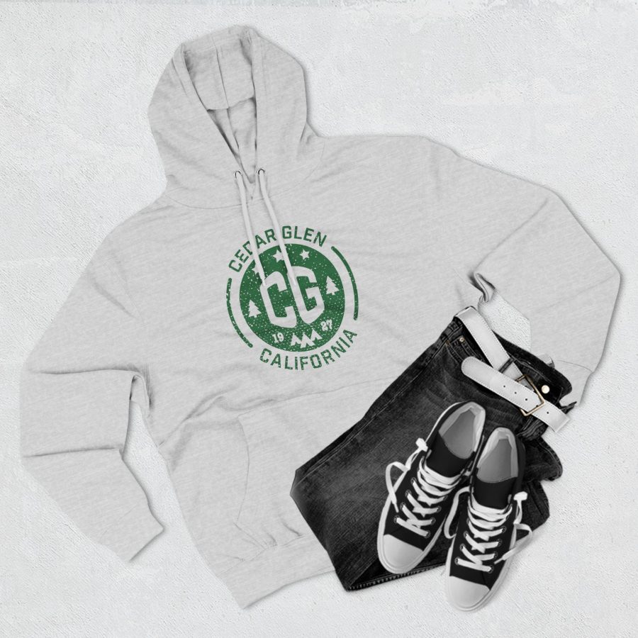 cedar glen premium hoodie with our cg, stars, and tents design