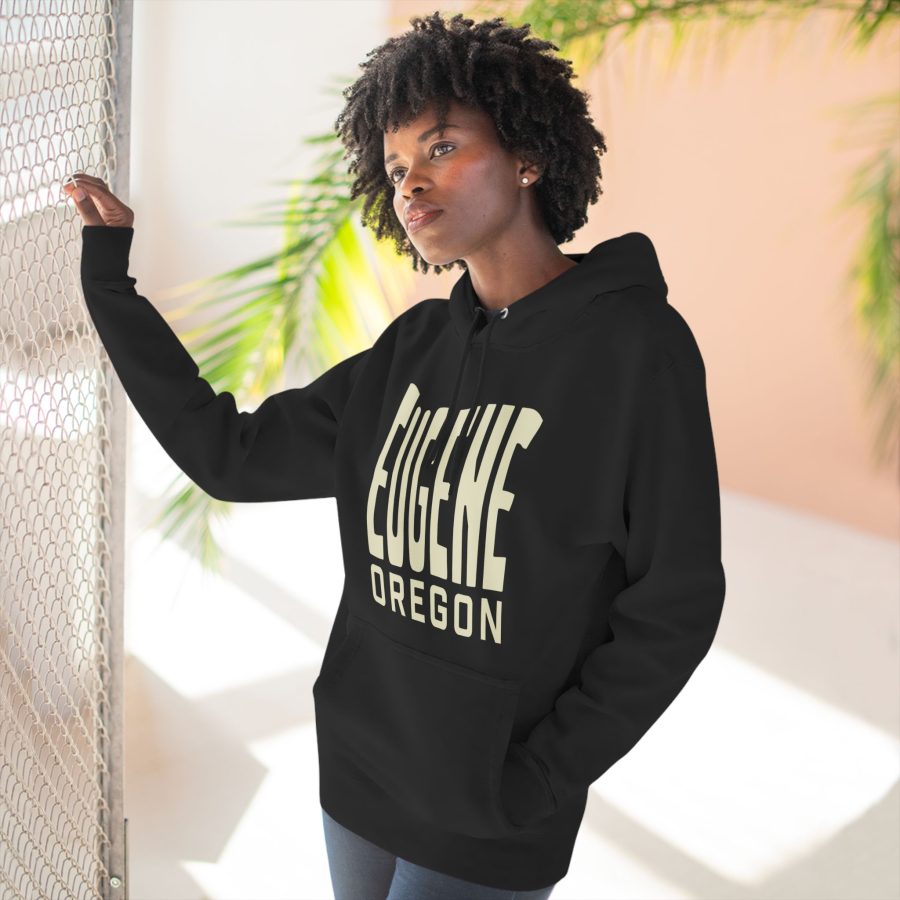 eugene oregon premium hoodie with custom state shaped typeface