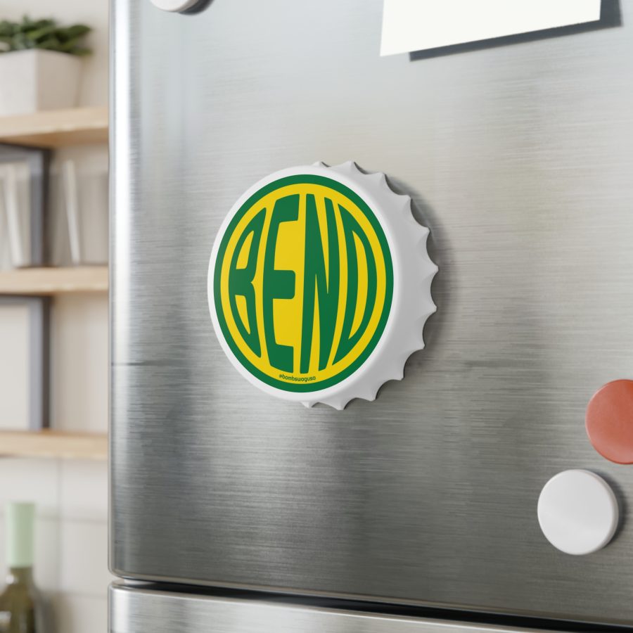 bend rounded typeface bottle opener and refrigerator magnet in green and yellow