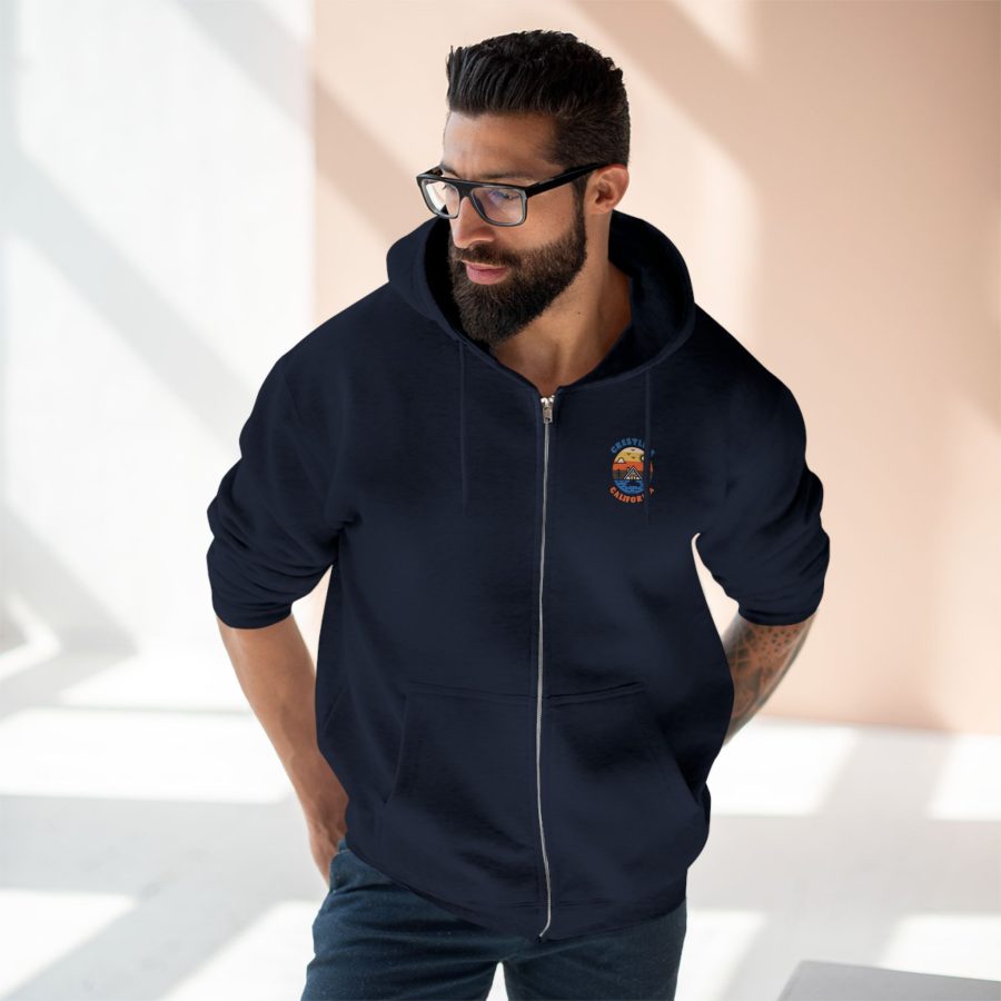 crestline, ca premium zip hoodie with our lakeside cabin sunset design