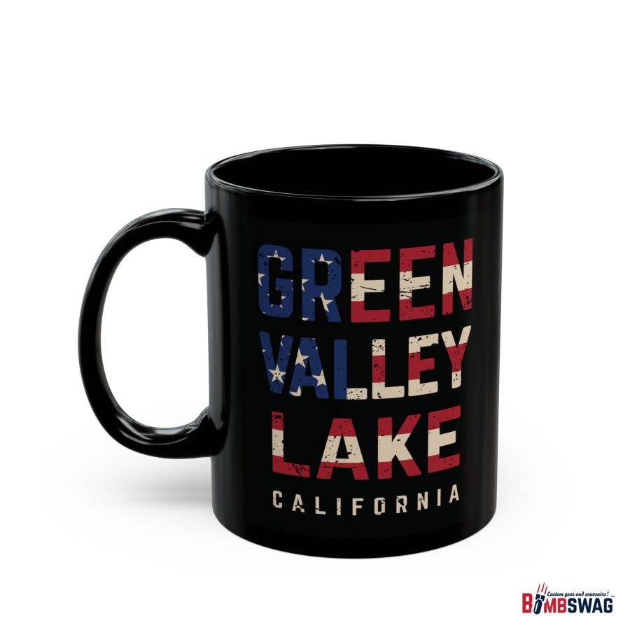 green valley lake black coffee mug styled with the american flag