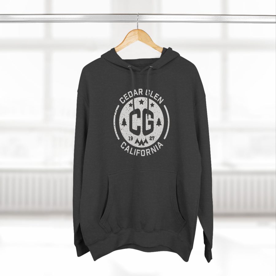 cedar glen premium hoodie with our cg, stars, and tents design