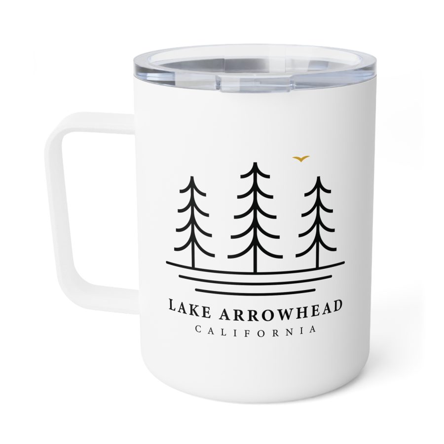 lake arrowhead 10oz insulated travel mug with our three tree and water line art