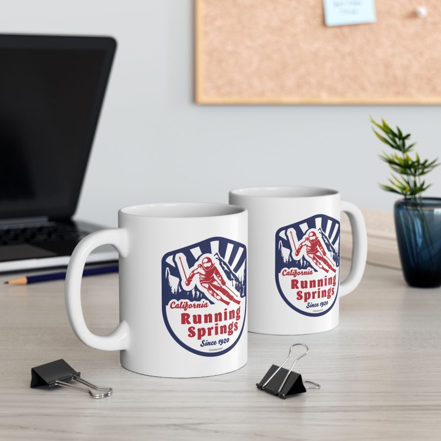 running springs coffee mug with our classic snow ski badge design