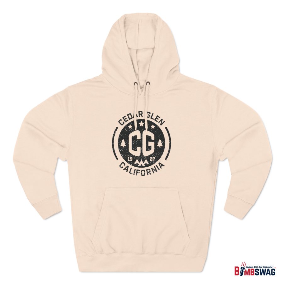 cedar glen premium hoodie with our cg, stars, and tents design