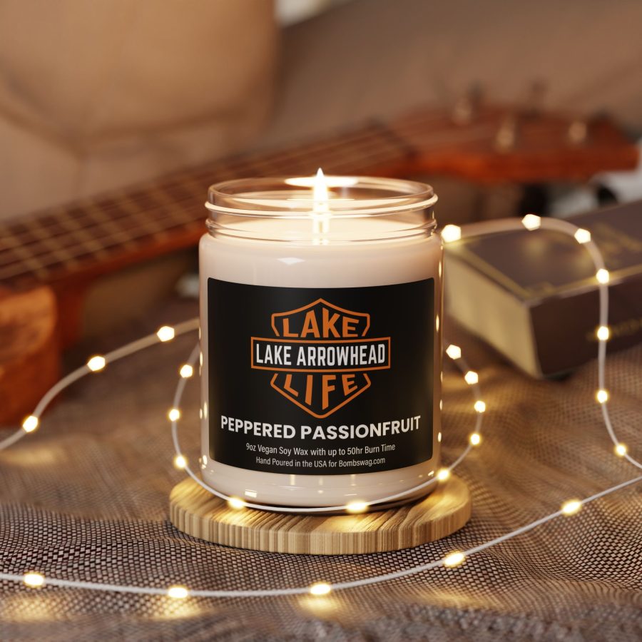 lake arrowhead candle with our signature lake life shield label art 9oz blended soy wax