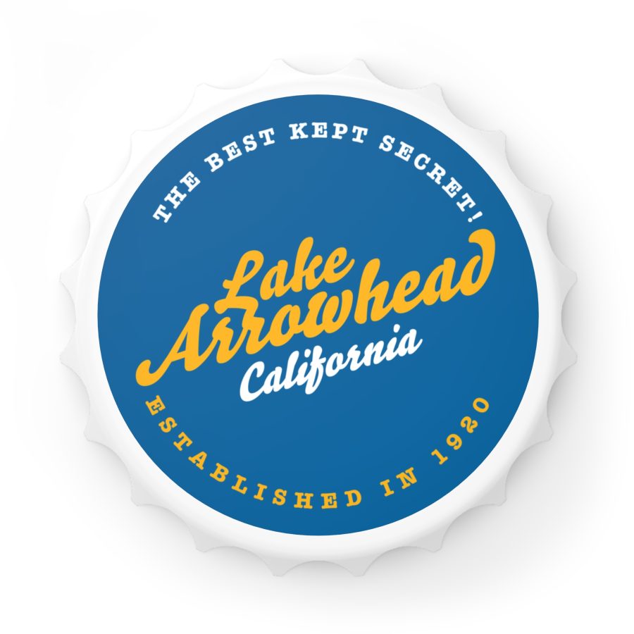 lake arrowhead bottle opener refrigerator magnet with our gold on blue "best kept secret" design