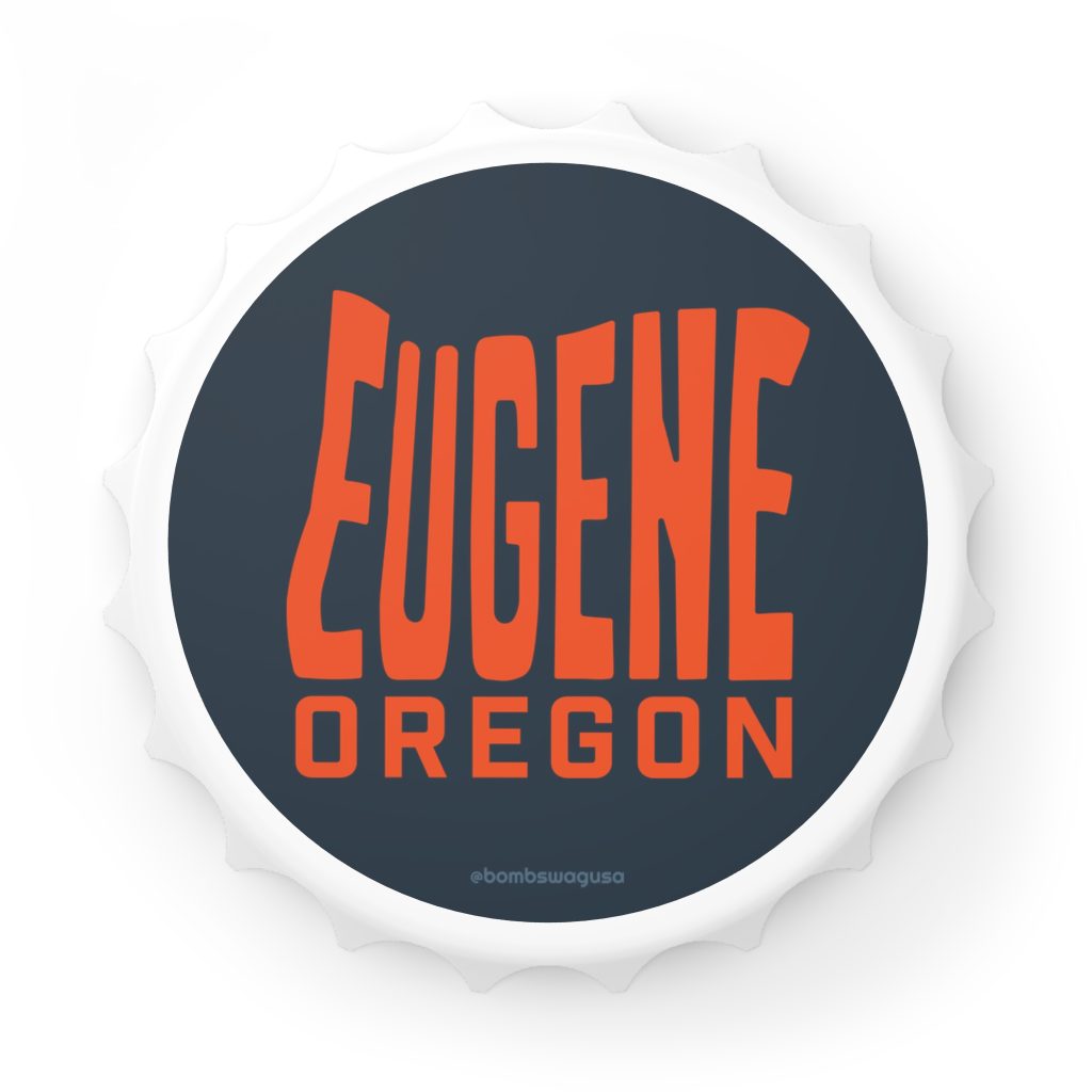 eugene oregon bottle opener refrigerator magnet with state shaped typeface in blue and orange