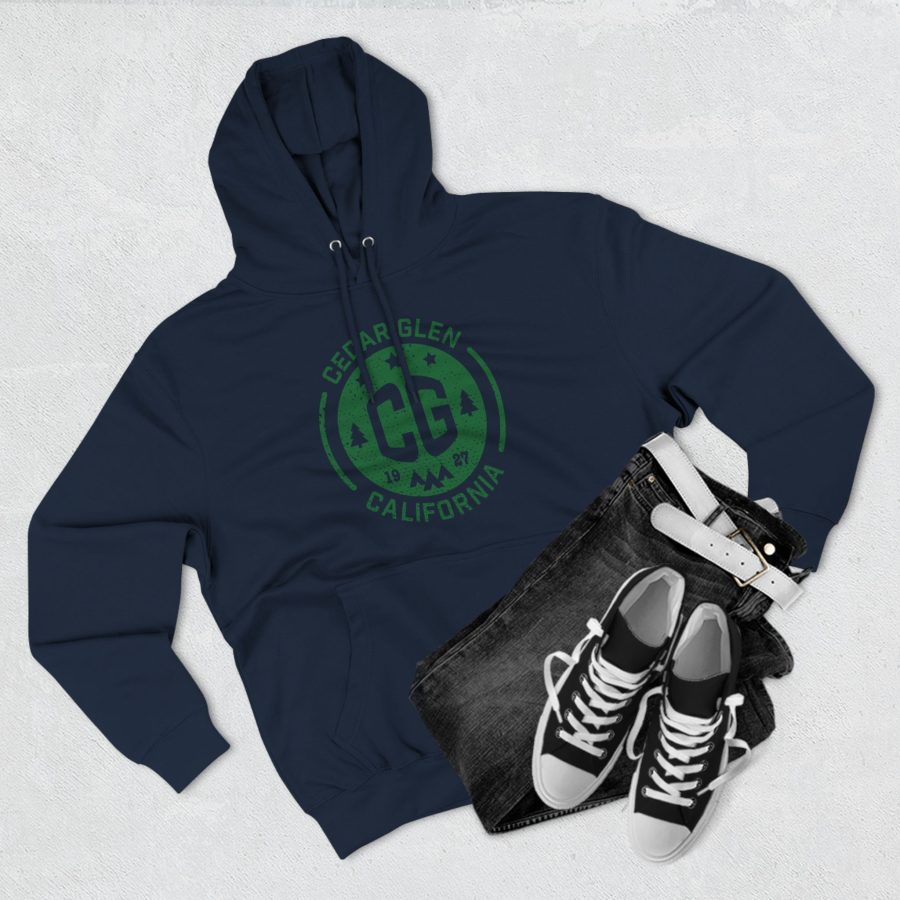 cedar glen premium hoodie with our cg, stars, and tents design