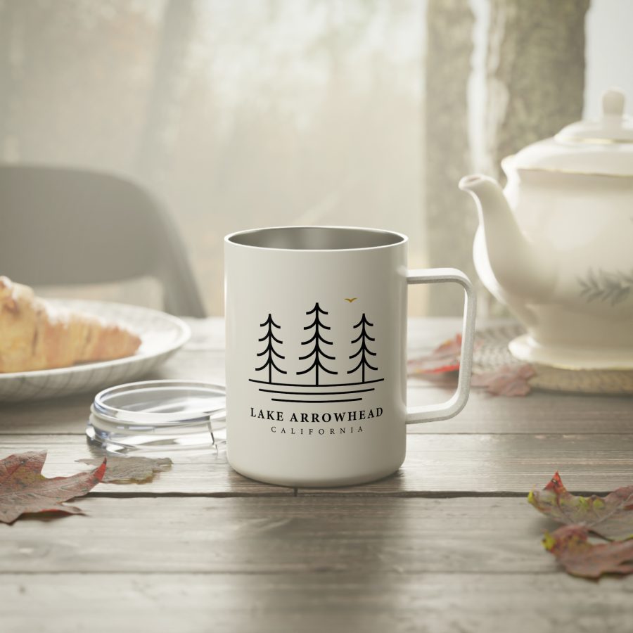 lake arrowhead 10oz insulated travel mug with our three tree and water line art