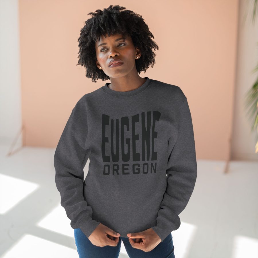 eugene premium crewneck sweatshirt with custom state shaped typeface