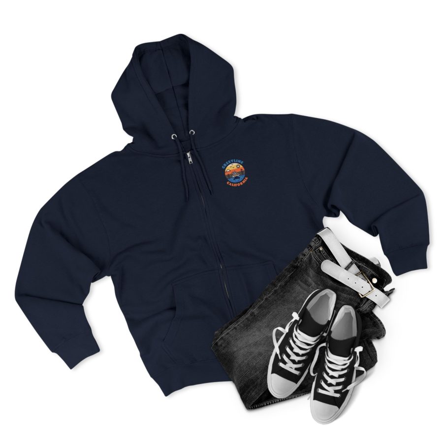 crestline, ca premium zip hoodie with our lakeside cabin sunset design