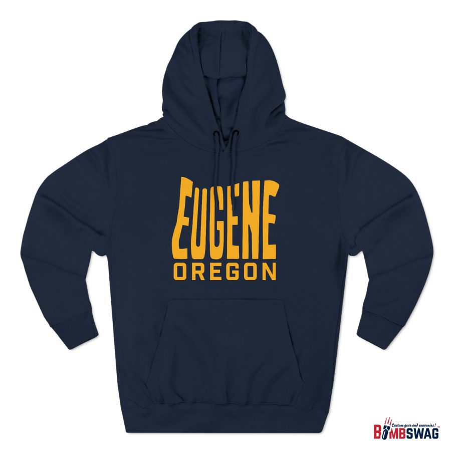 eugene oregon premium hoodie with custom state shaped typeface