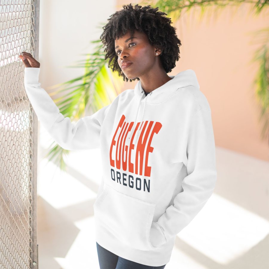 eugene oregon premium hoodie with custom state shaped typeface