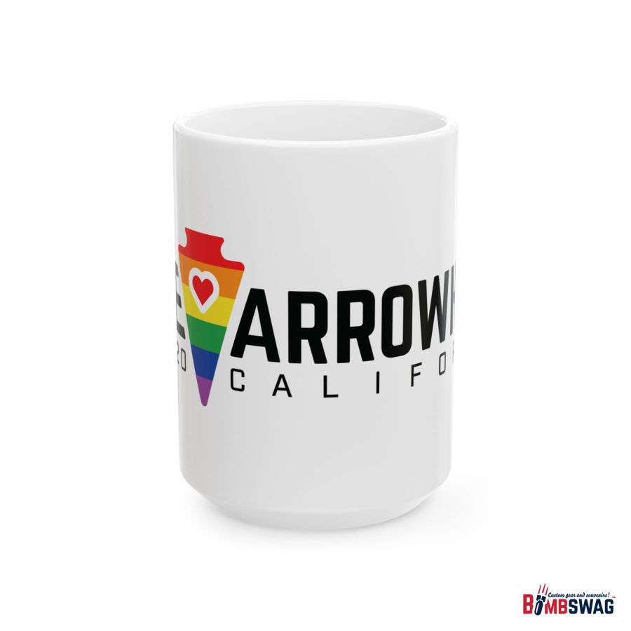 lake arrowhead coffee mug with our lgbtq+ arrowhead, heart, and font art