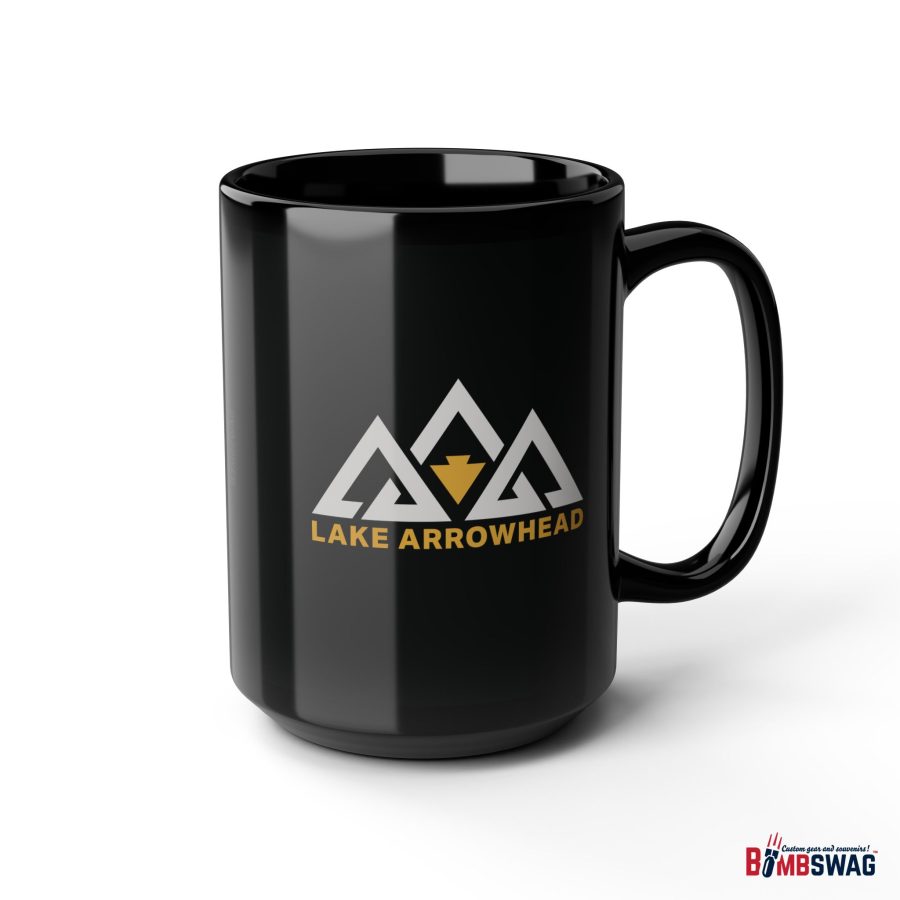 lake arrowhead black coffee mug with our black gold three peak arrowhead design