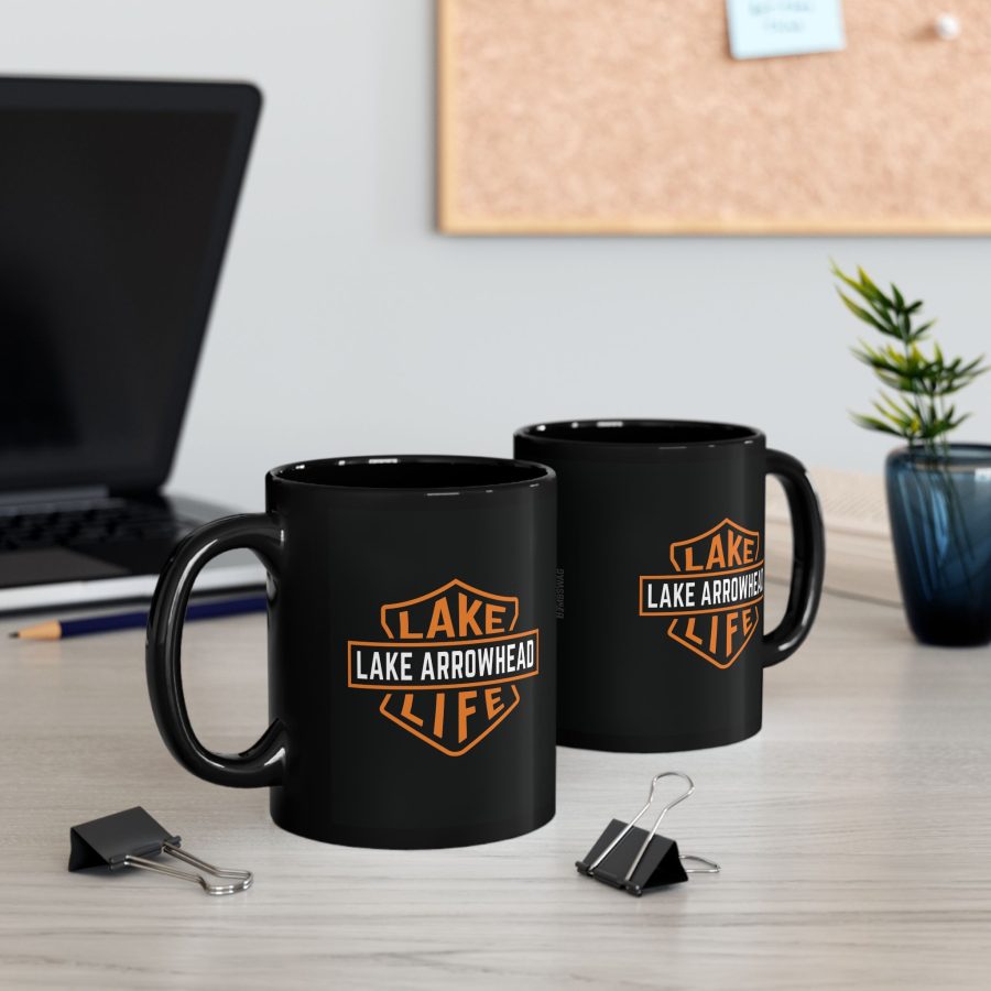 lake arrowhead black coffee mug with our signature lake life shield