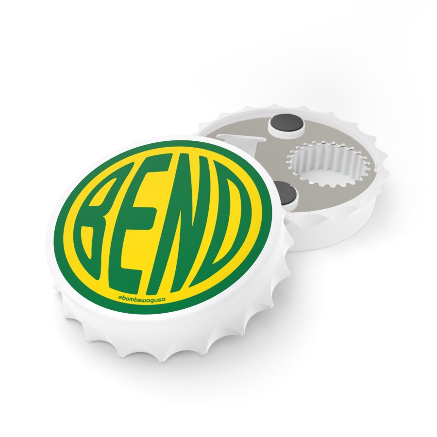 bend rounded typeface bottle opener and refrigerator magnet in green and yellow