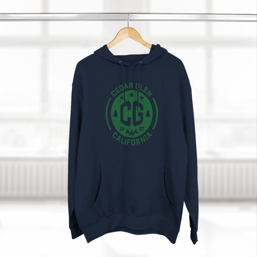 cedar glen premium hoodie with our cg, stars, and tents design