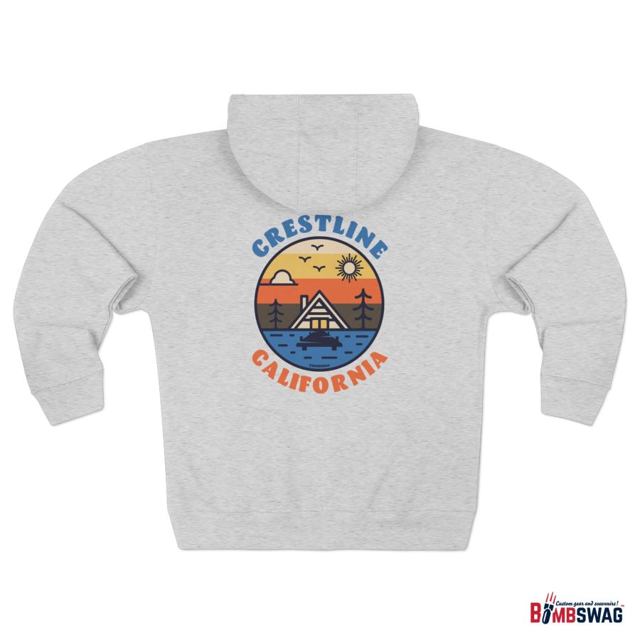 crestline, ca premium zip hoodie with our lakeside cabin sunset design