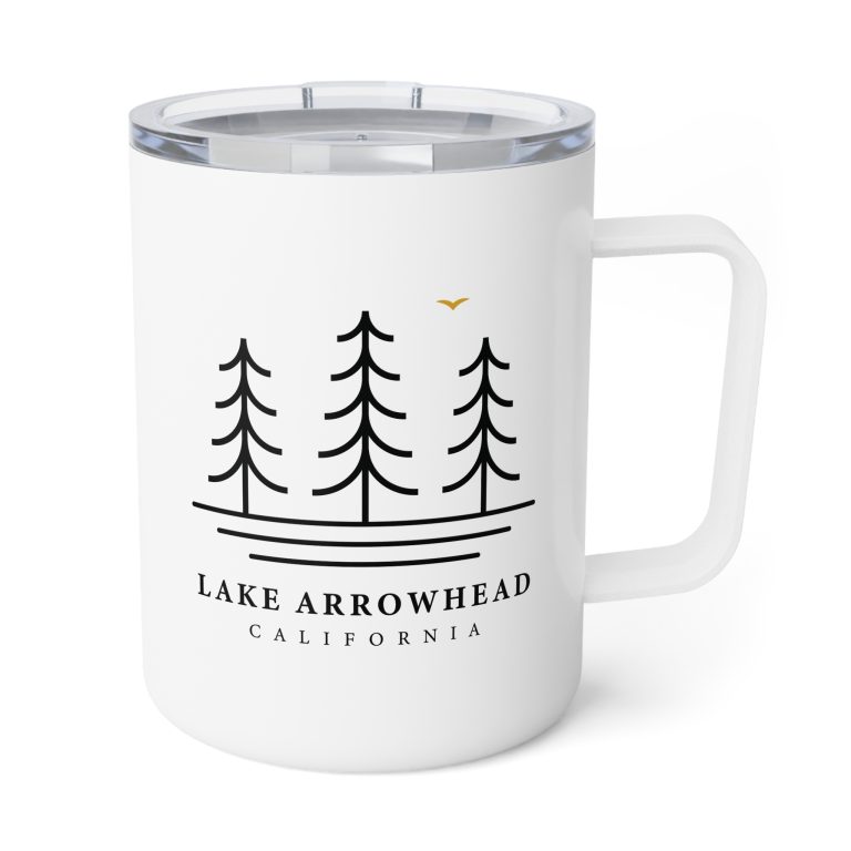 lake arrowhead 10oz insulated travel mug with our three tree and water line art