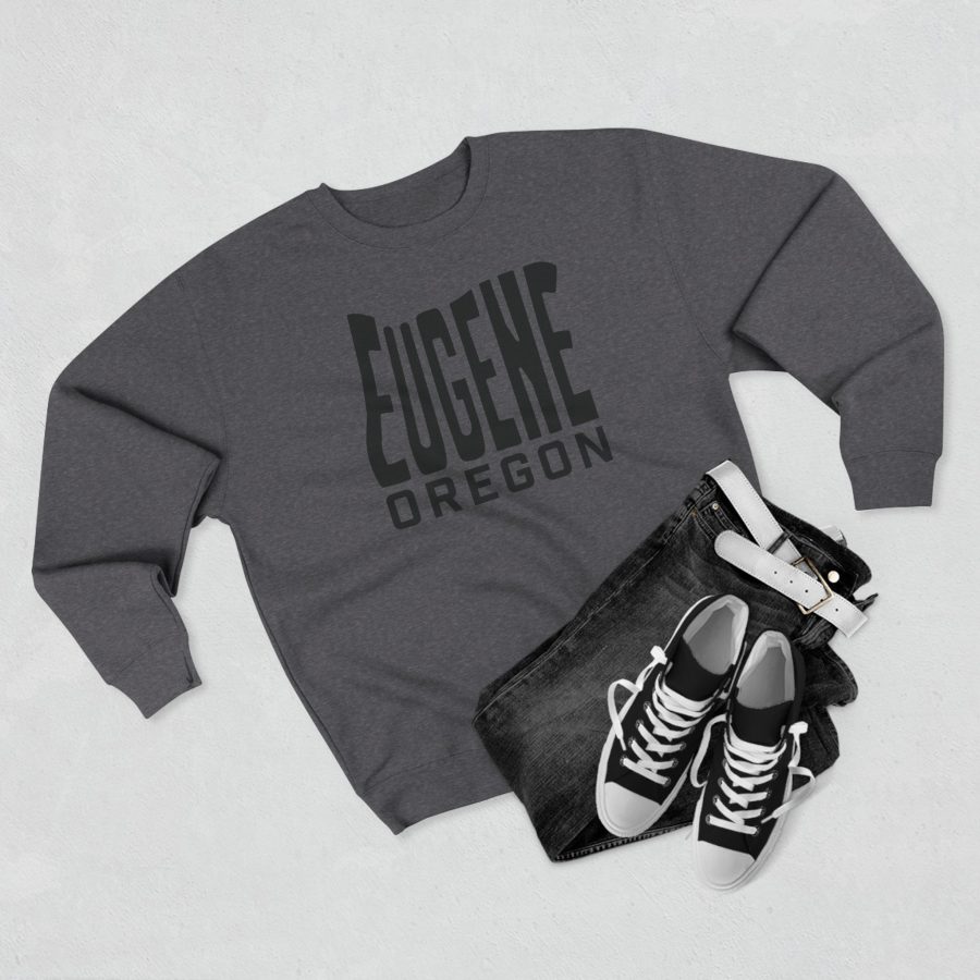 eugene premium crewneck sweatshirt with custom state shaped typeface