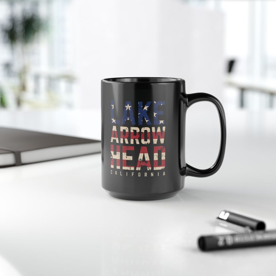 lake arrowhead black coffee mug styled with the american flag