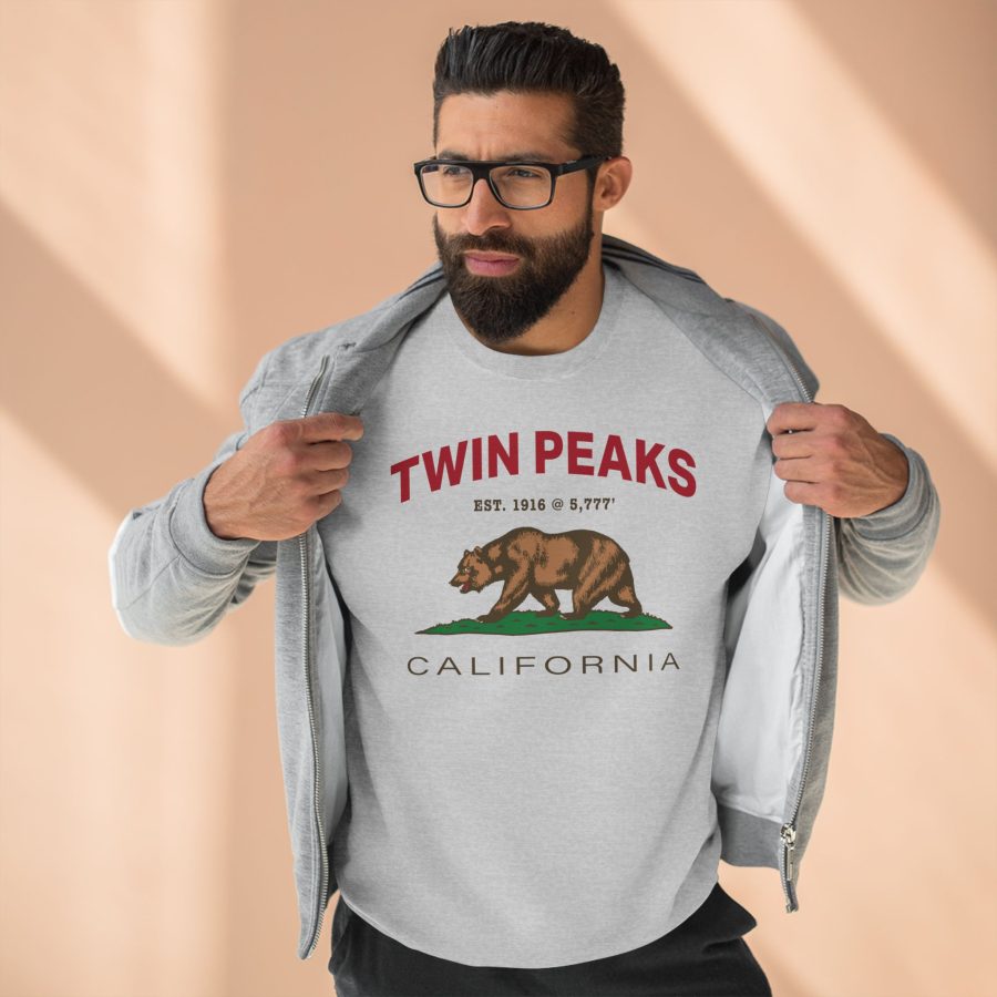 twin peaks, ca premium california bear crewneck sweatshirt with est. date + elevation