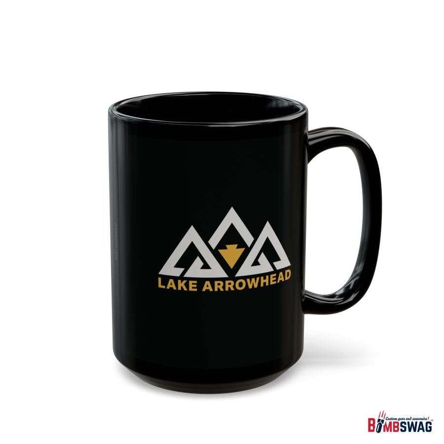 lake arrowhead black coffee mug with our black gold three peak arrowhead design