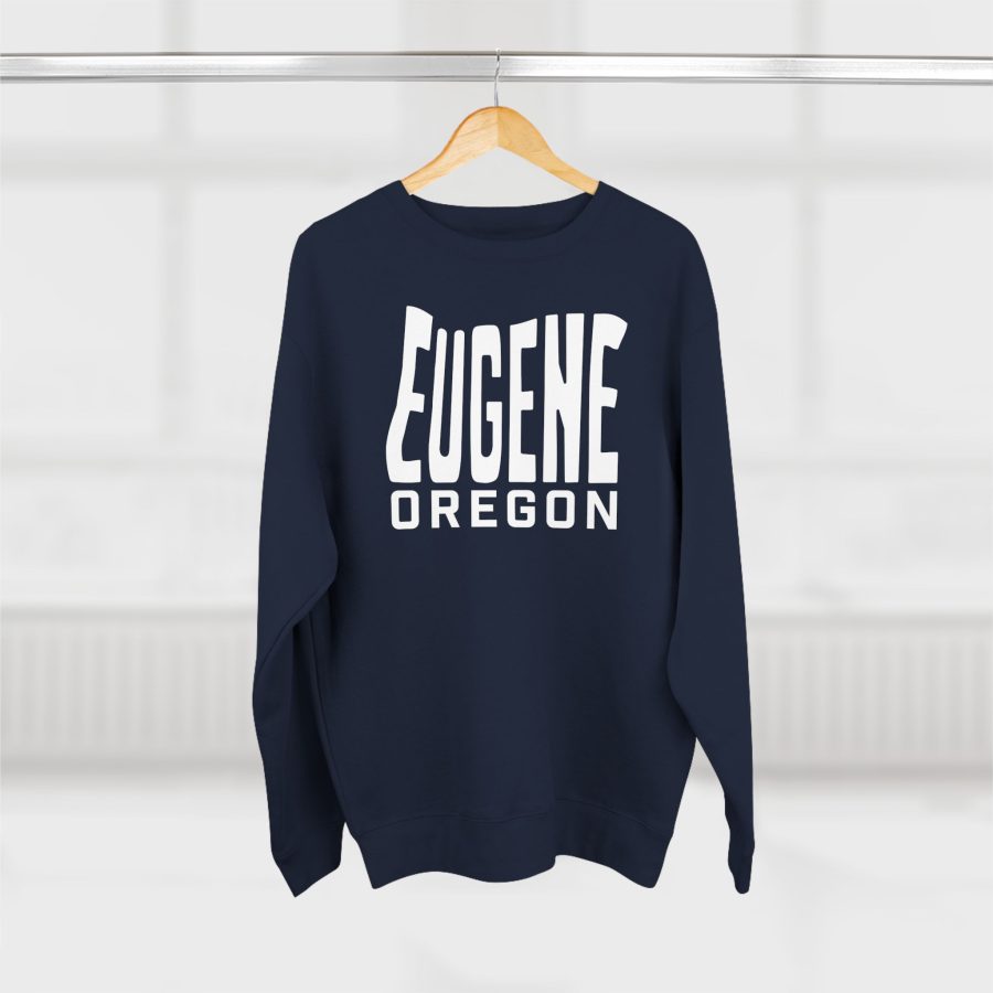 eugene premium crewneck sweatshirt with custom state shaped typeface