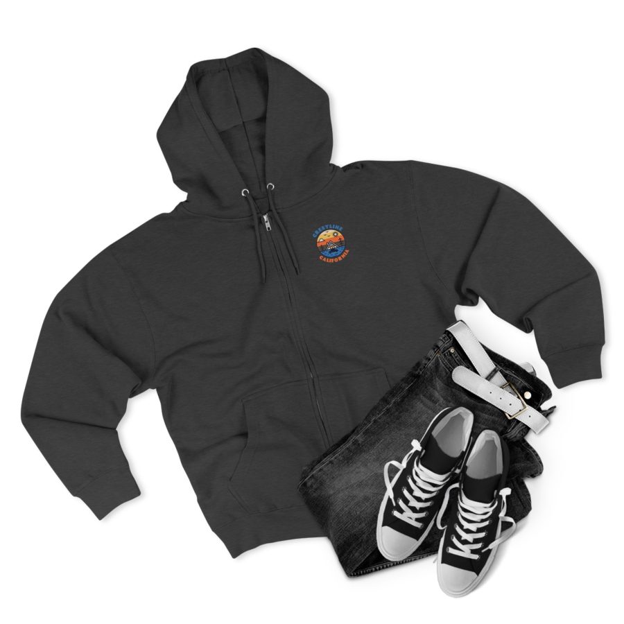 crestline, ca premium zip hoodie with our lakeside cabin sunset design