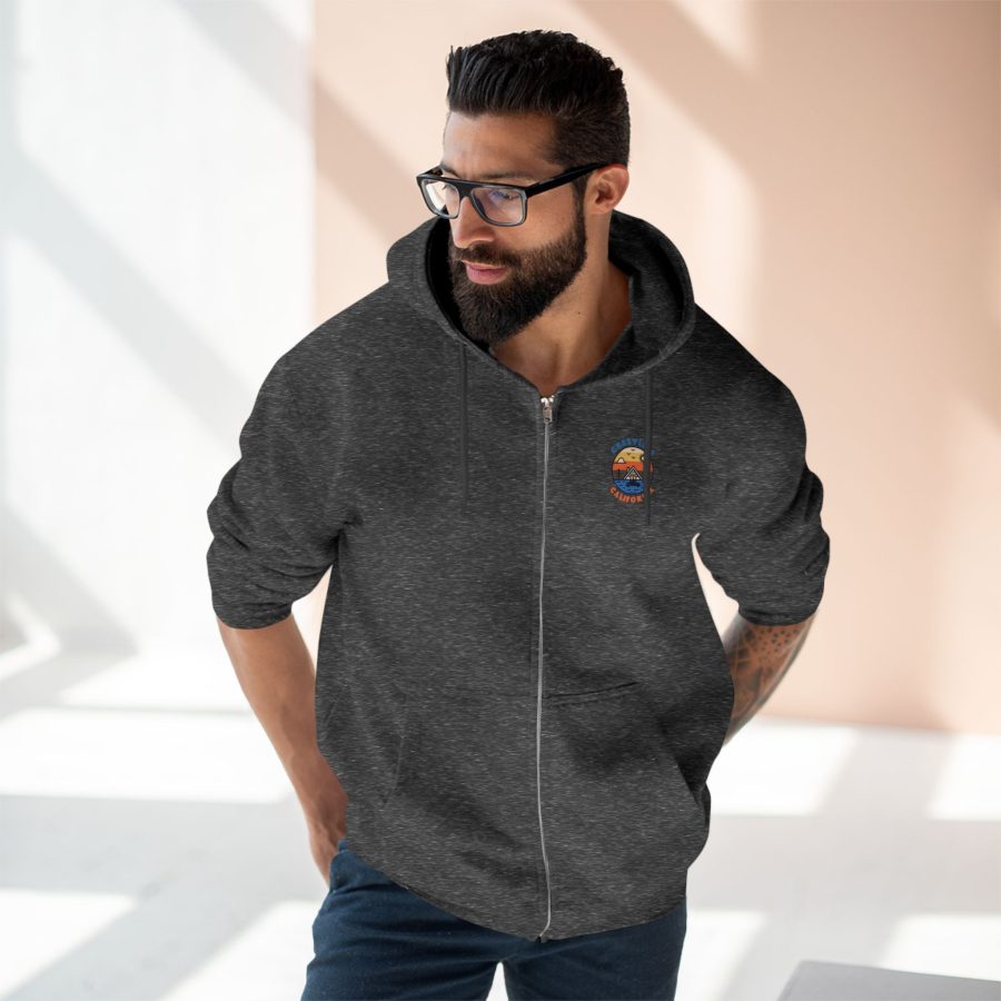 crestline, ca premium zip hoodie with our lakeside cabin sunset design