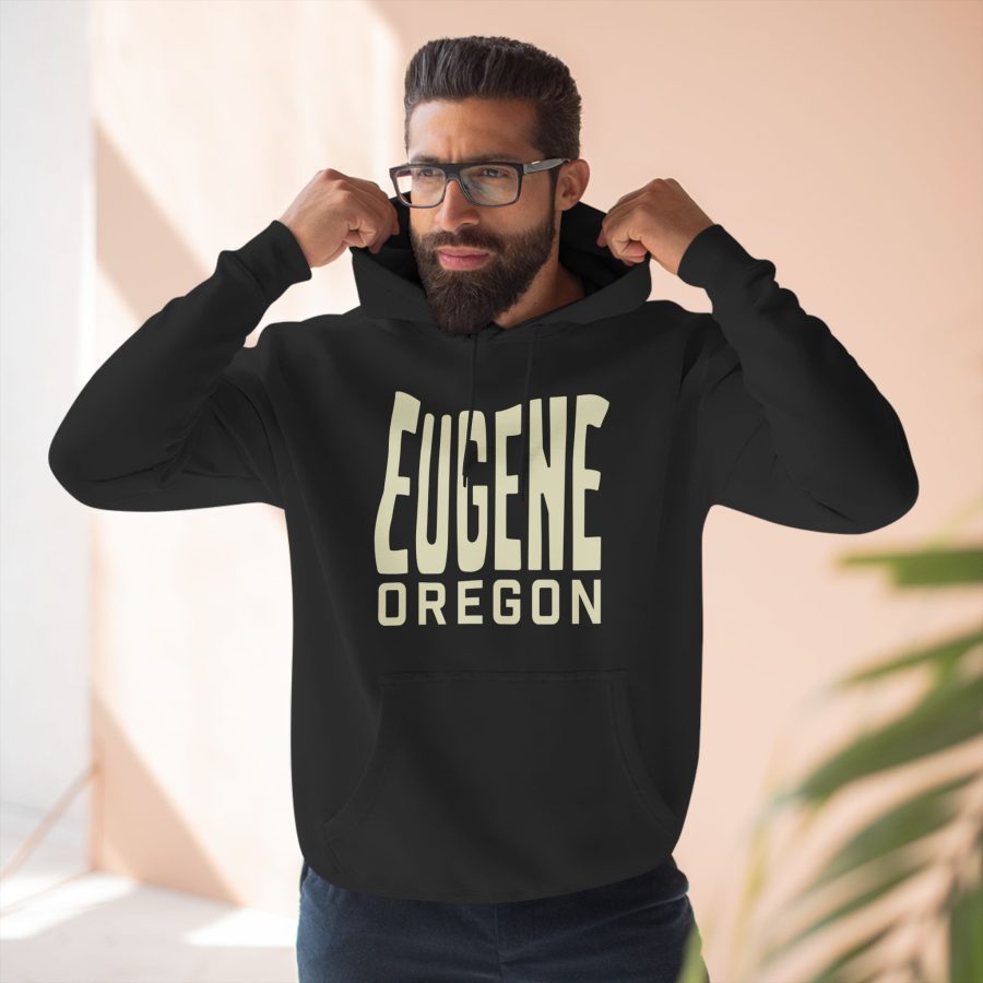 eugene oregon premium hoodie with custom state shaped typeface