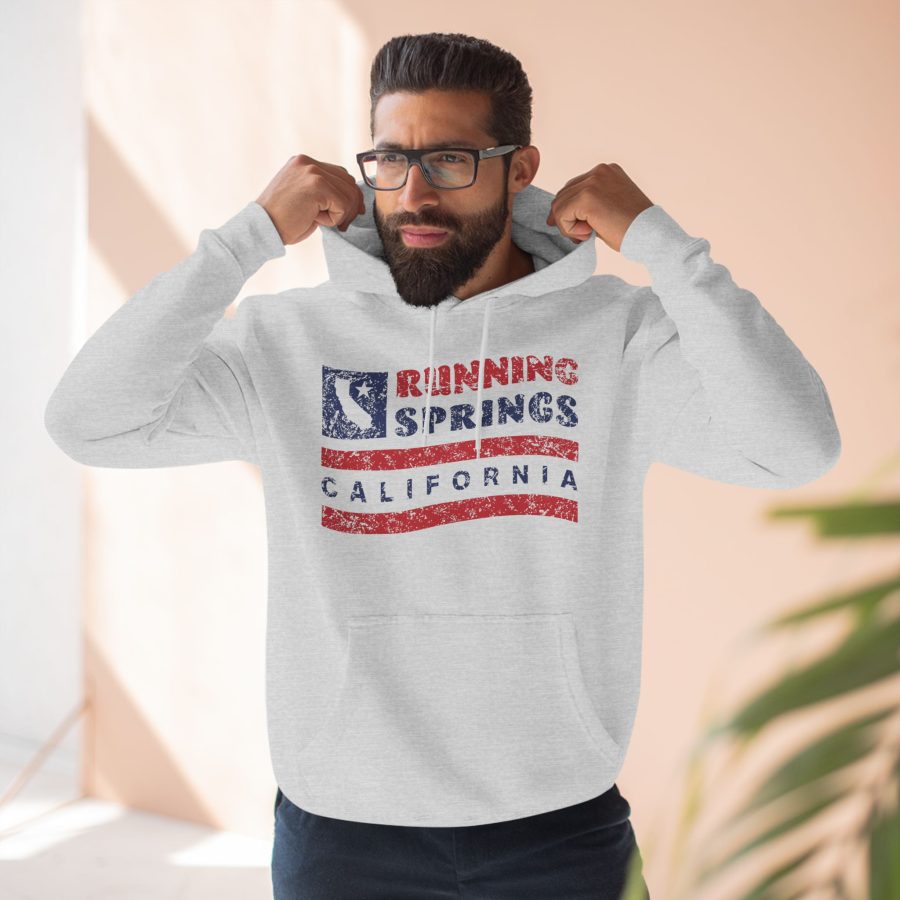 running springs premium hoodie with our flag wave, star, and state shape design