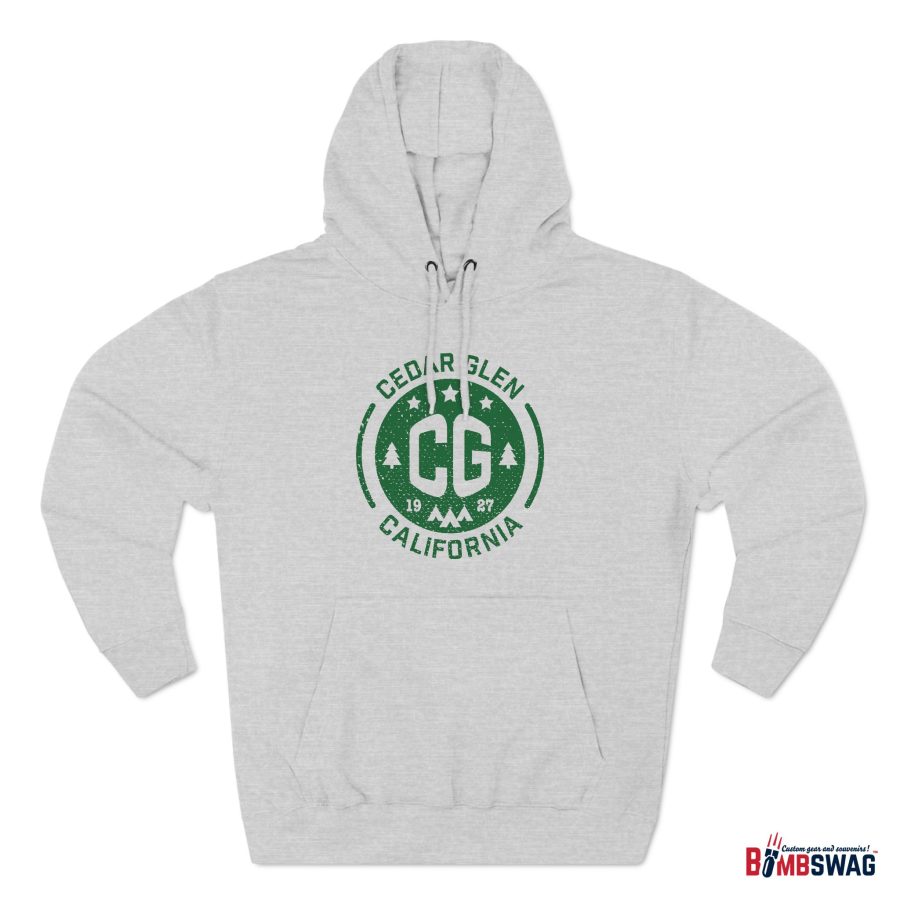 cedar glen premium hoodie with our cg, stars, and tents design