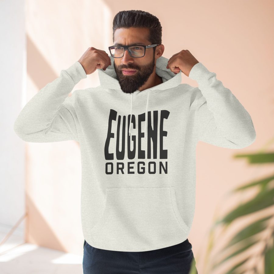 eugene oregon premium hoodie with custom state shaped typeface