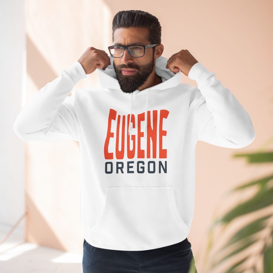 eugene oregon premium hoodie with custom state shaped typeface