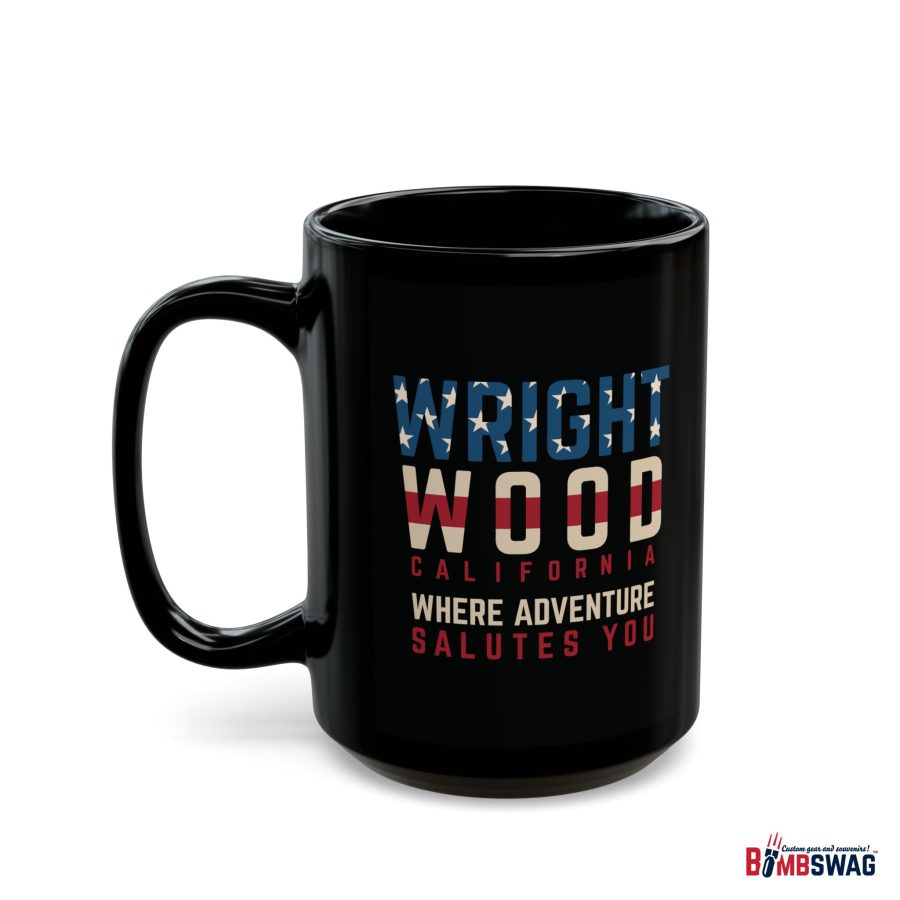 wrightwood, ca black patriotic coffee mug styled as the american flag where adventure salutes you