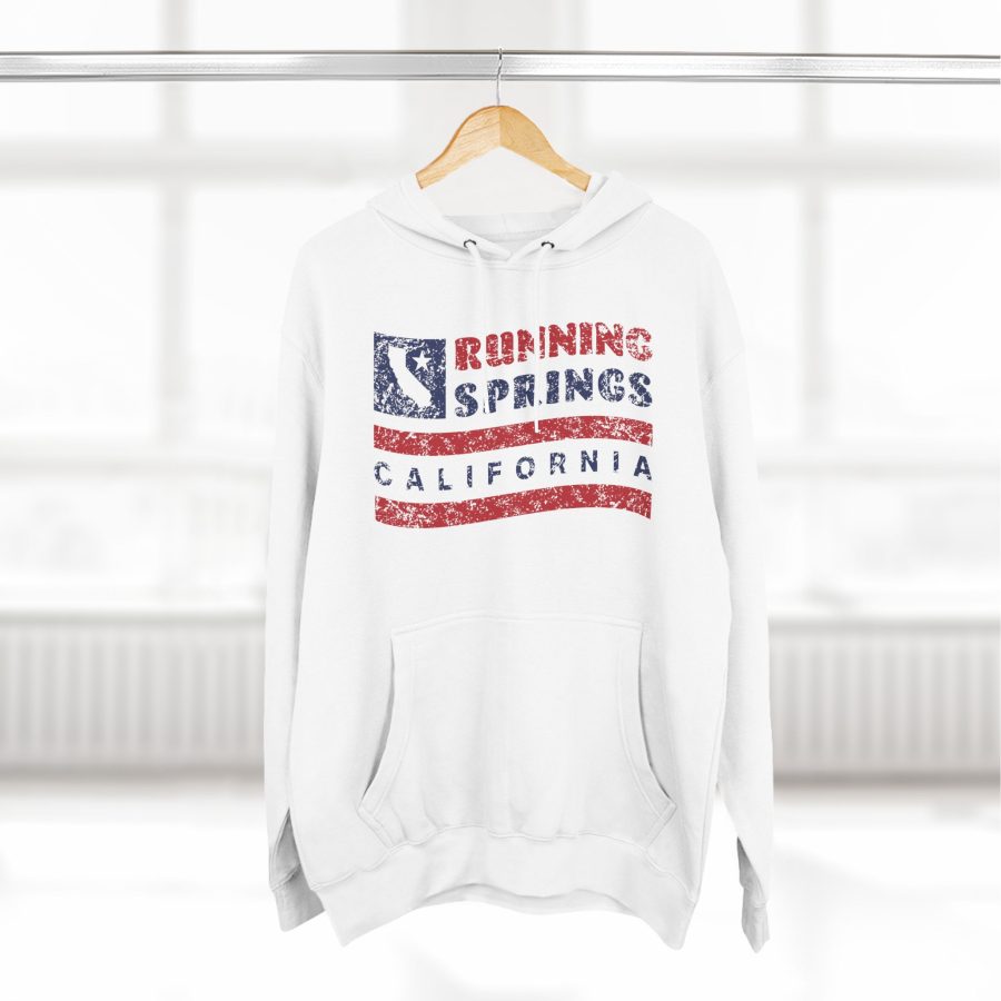 running springs premium hoodie with our flag wave, star, and state shape design