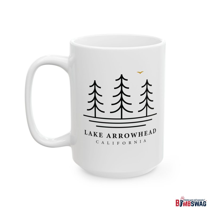 lake arrowhead coffee mug with our three tree and water line art