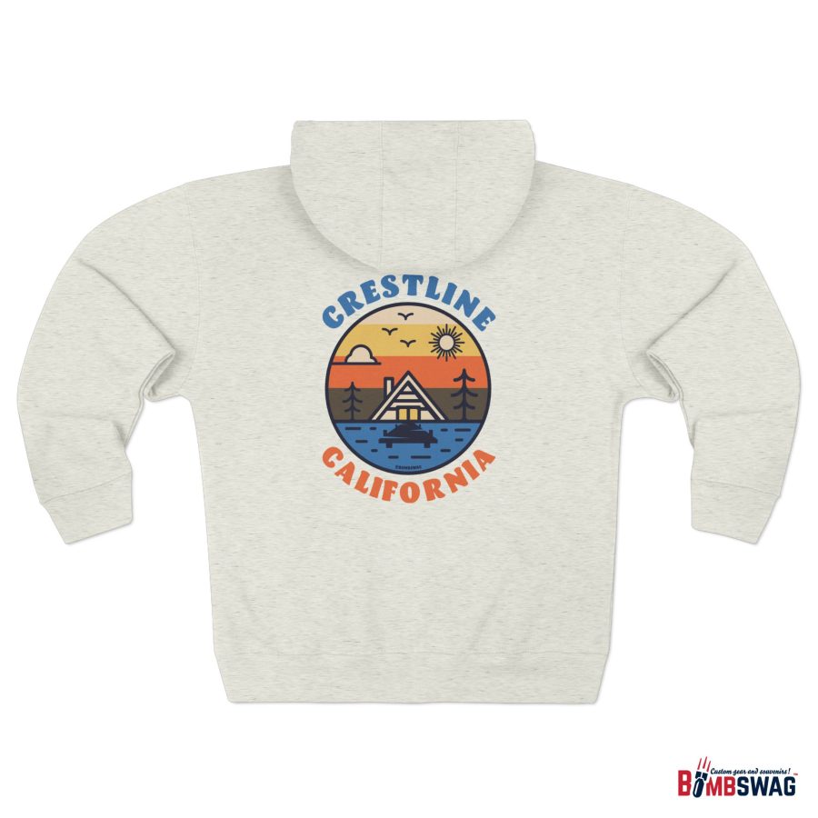 crestline, ca premium zip hoodie with our lakeside cabin sunset design