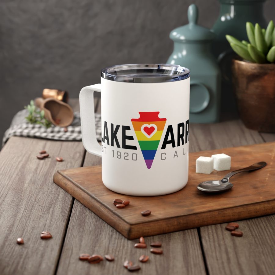 lake arrowhead 10oz insulated travel mug with our lgbtq+ arrowhead, heart, and font art