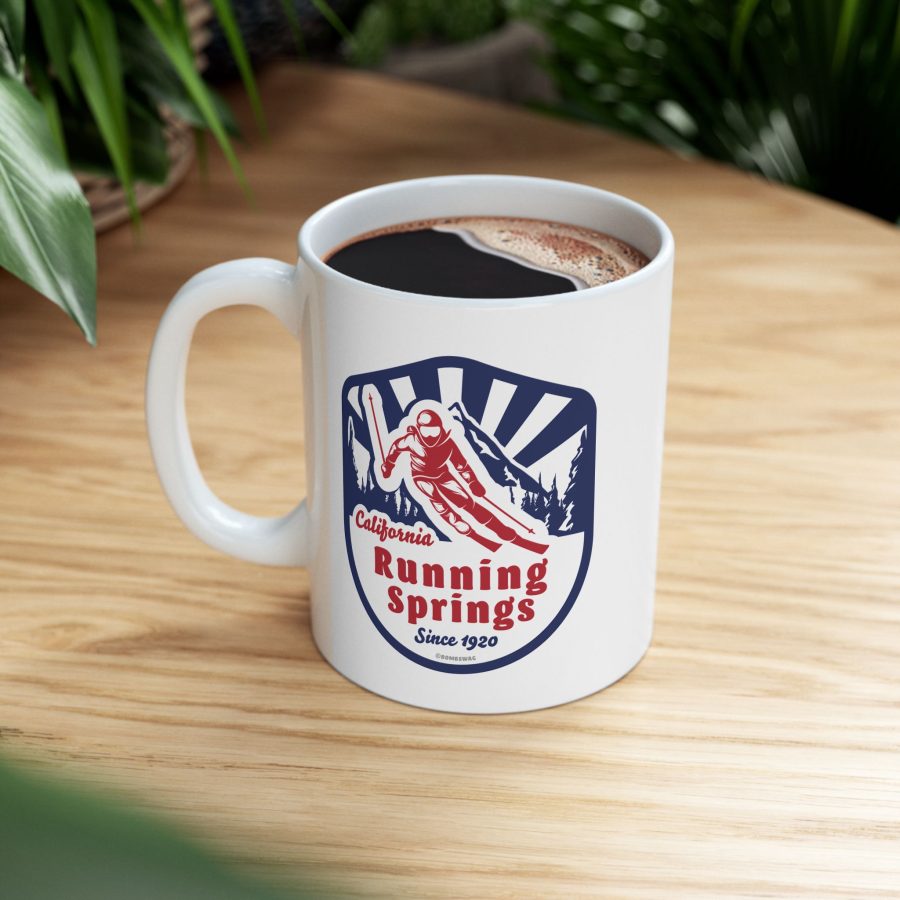 running springs coffee mug with our classic snow ski badge design